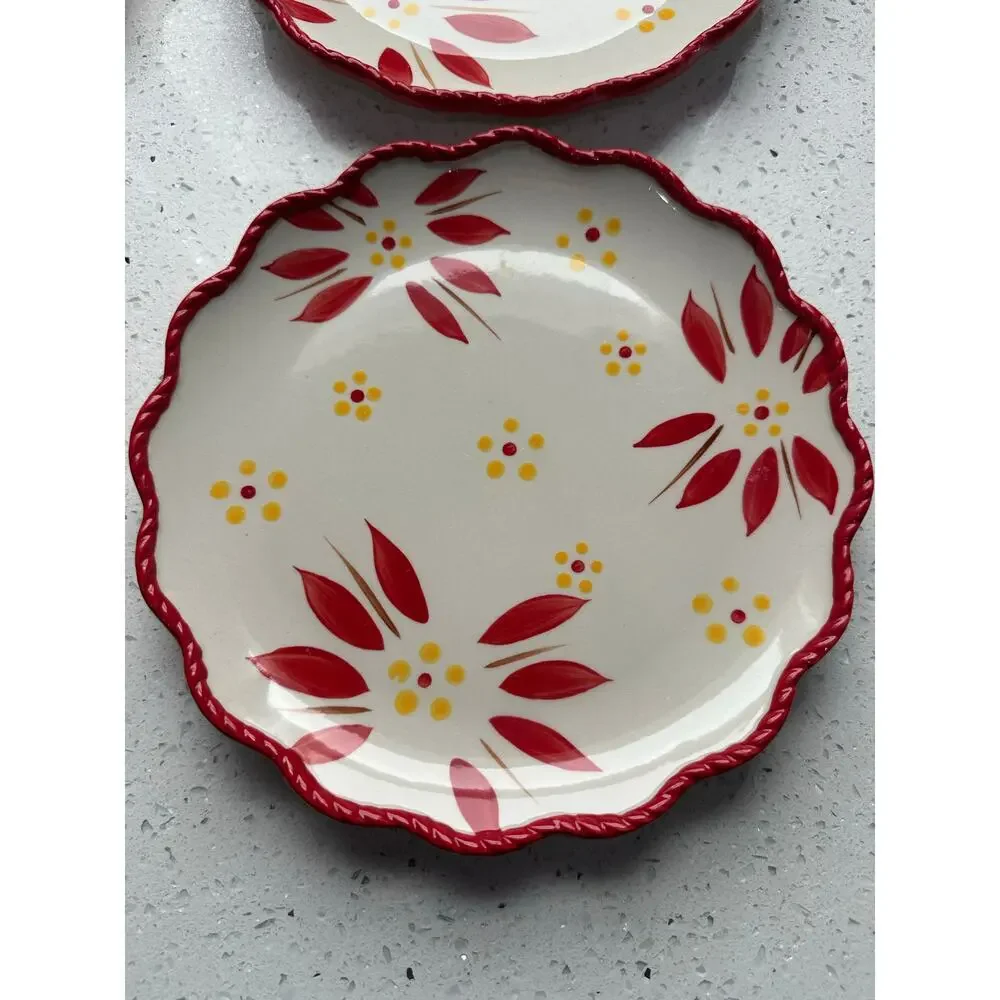 TEMPTATIONS Set of 4 OLD WORLD Red 8" SALAD / DESSERT PLATES Scalloped Edge - Picture 2 of 3